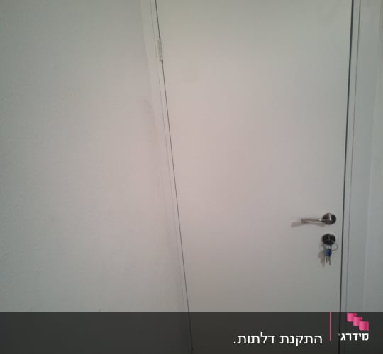 דלת פנים לבנה ומעוצבת עם ידית מתכתית כסופה מותקנת בבית